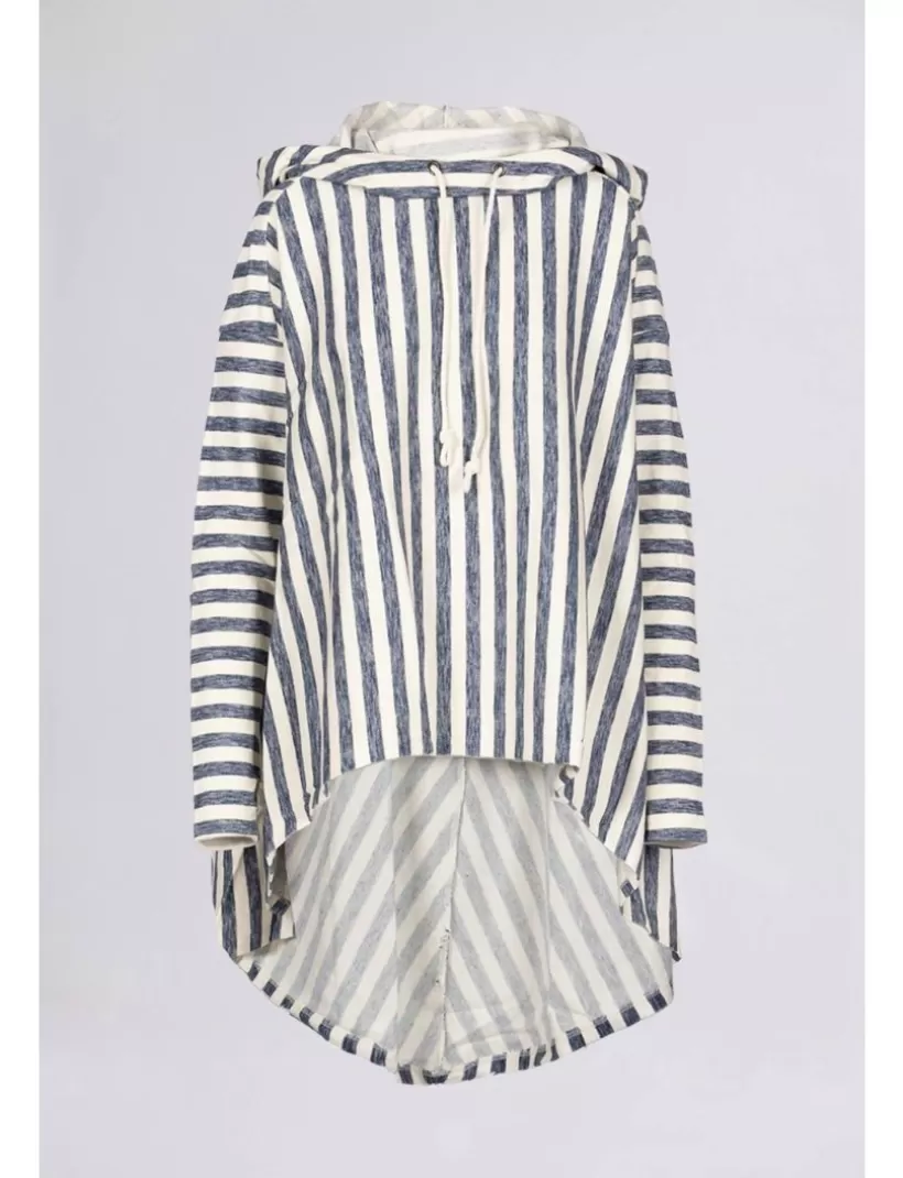 Hoodies & Sweatshirts-New Hallhuber ASYMMETRISCHER MIDI-HOODIE-PONCHO AUS BAUMWOLLE MIT STREIFENMUSTER blau