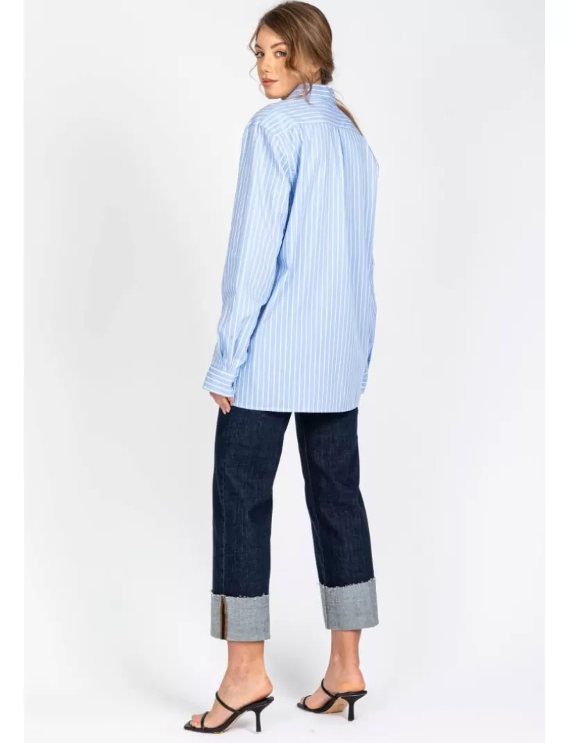 Jeans-New Hallhuber BOBBIE-JO – HOHE TAILLE-HOSE MIT WEITEM BEIN AUS REINEM BAUMWOLLDENIM MIT MAXI-UMSCHLAG blau